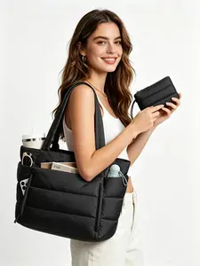 Women's Solid Color Quilted Totebag, Lightweight Puffer Design Shoulder Bag, Casual Trendy Versatile Daily Commuting Bag for Travel & Work & Beach