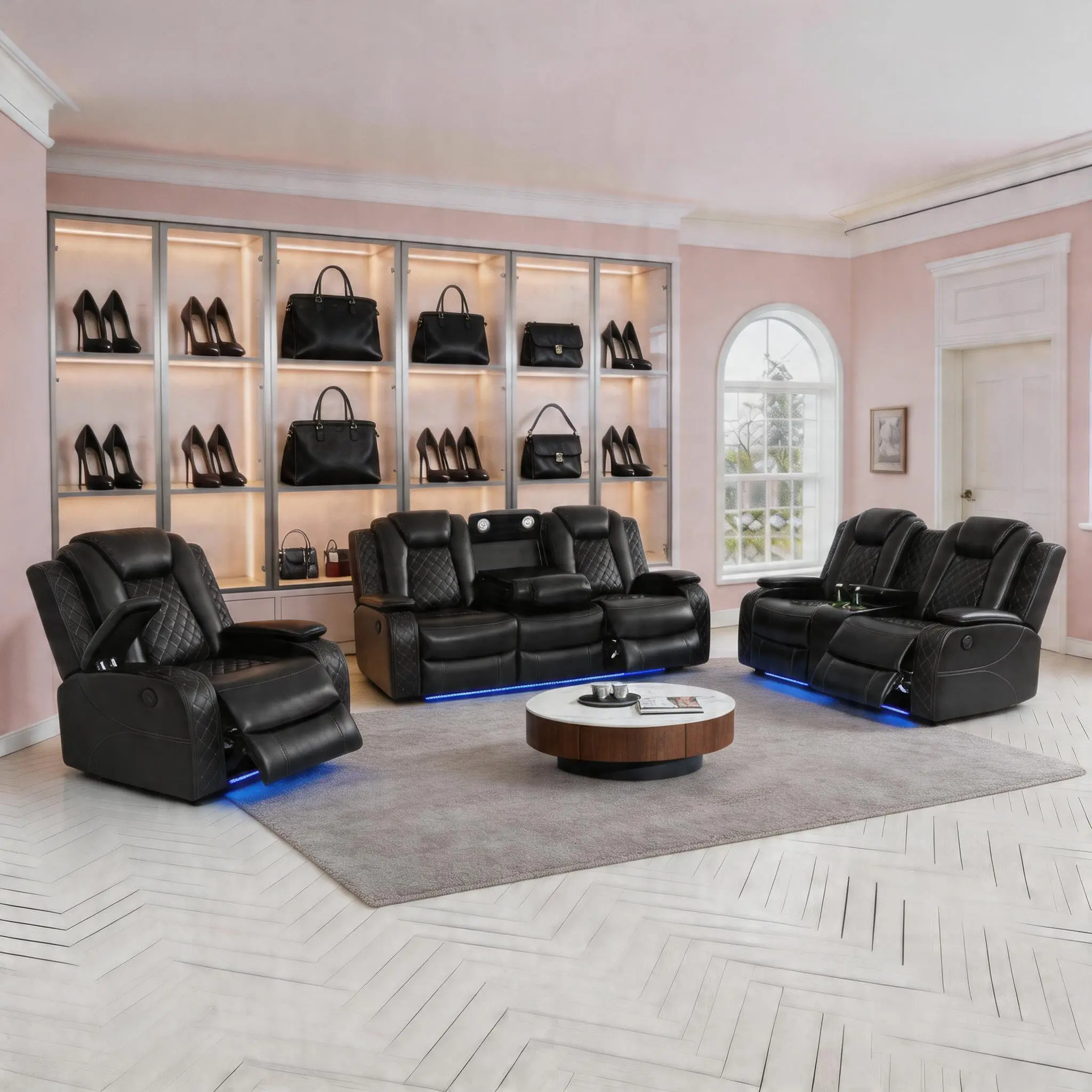 Luxury  Luxury Black Breathing  3-Piece    Modern Power Reclining Leather living room sectional sofa Set oversized chaise family couch multifuncional elegant design recliner sale loveseat