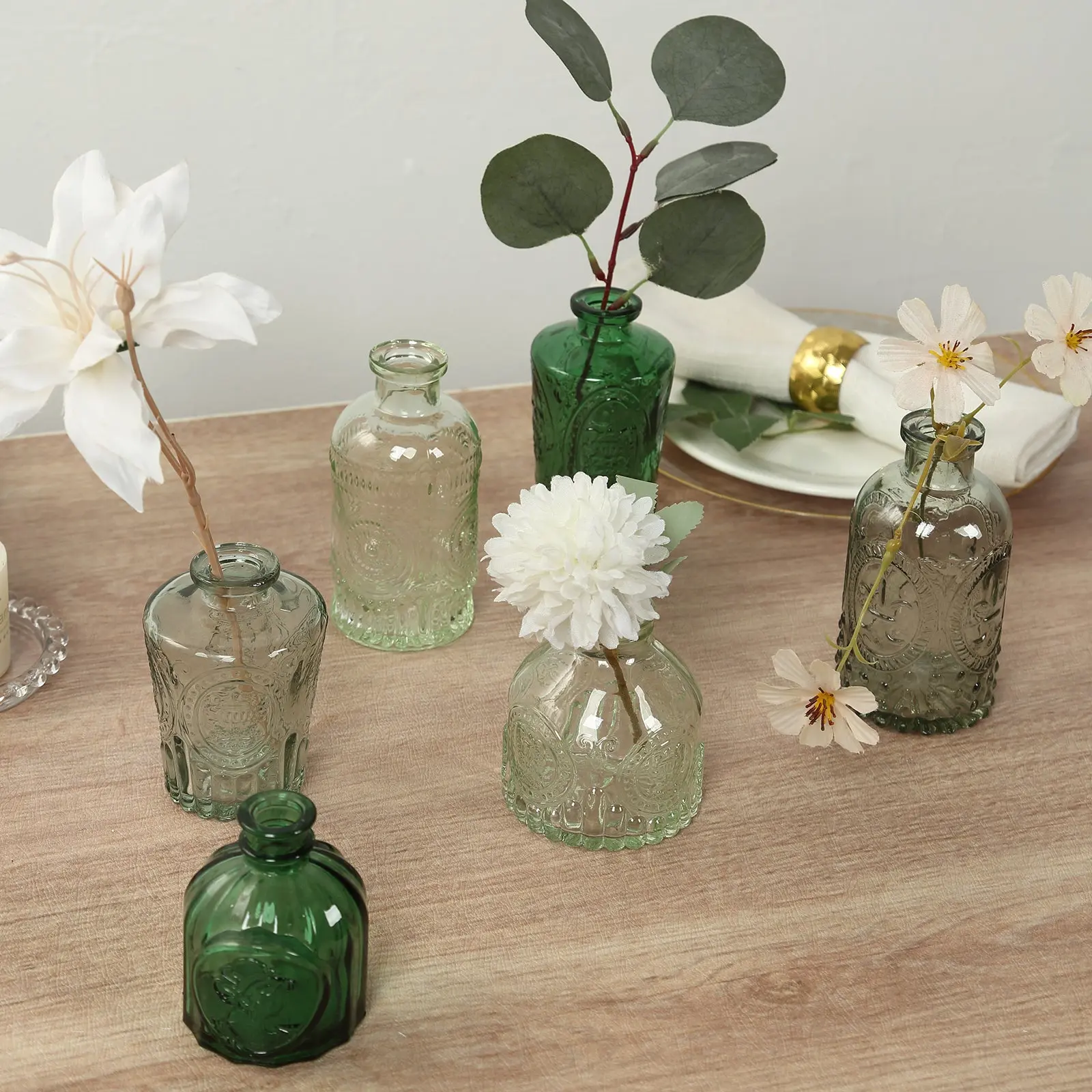 6-Piece Mini Embossed Glass Bud Vases - Vintage Mixed Green Apothecary-Style Decorative Flower Vases, Coffee Table Decor & Table Centerpieces for Home, Wedding, Thanksgiving, Decorative Flower Vase, Casual