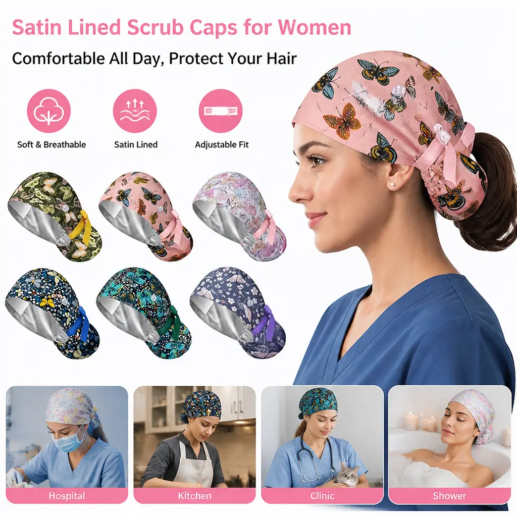 Women's 6-Pack 6pcs Satin-Lined Scrub Caps - Adjustable Surgical Hats with Ponytail Hole, Breathable Mask Buttons, Healthcare Work Hair Coverage Accessories