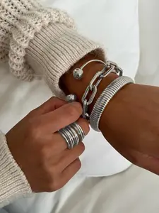 Women's Silver Color Adjustable Cuffs Elastic Bracelet Set, 3-Piece Open Design for Daily Wear, Party & Office Accessories