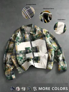 Men's patchwork plaid check print jacquard jacket, fitted hooded pullover with mottled check pattern, street fashion casual style outerwear suitable for streetwear, outdoor activities, and daily wear