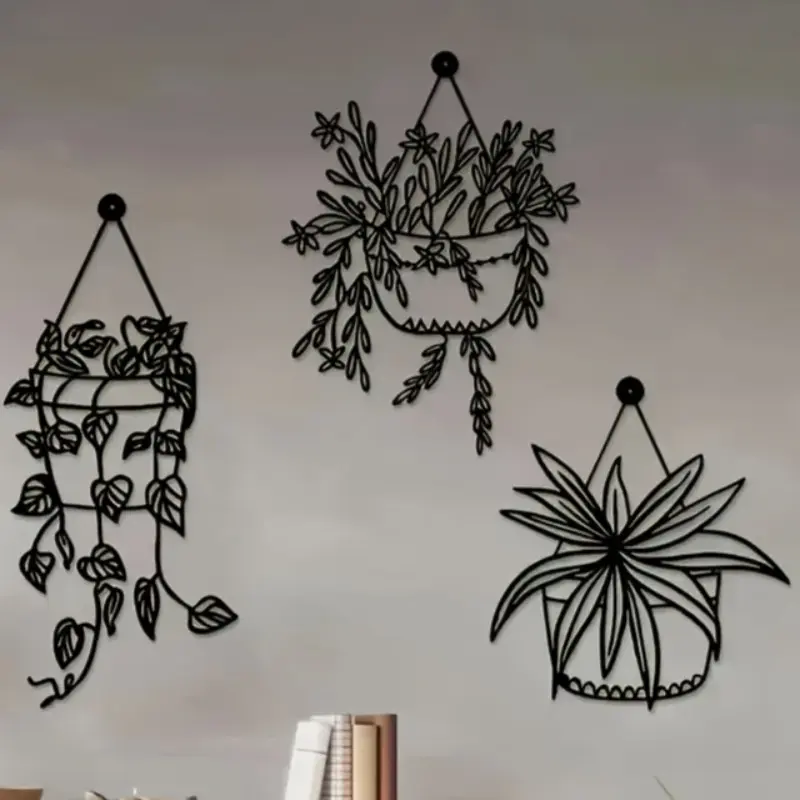 Fashion home set, 3 pieces of metal wall art, ivy design decorative flower pots, indoor/outdoor hanging wall decorations, easy to hang, Thanksgiving, housewarming gifts, home and kitchen decorations, floral patterns, metal materials, Hanging Room Decor