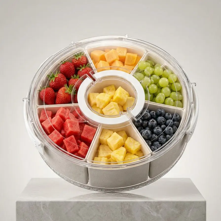 Plastic 6-Compartment Circle Snackle Box with Airtight Lid - BPA-Free, Leak-Proof, Reusable, Food-Safe, Portable 12" Serving Tray for Fruit, Charcuterie, Fridge Storage - Halloween Party, Picnic Essential Kitchen Preserving Container, Plastic/Silicon