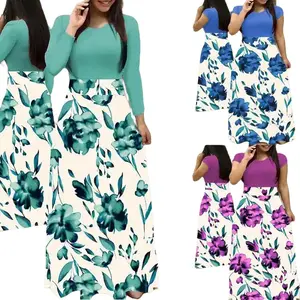 2023 European and American style floral print color matching long sleeved dress, long women's large swing skirt