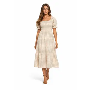 Chouyatou Women’s Summer Boho Plaid Square Neck Puff Sleeve Dress Loose Flowy A-Line Midi Dress