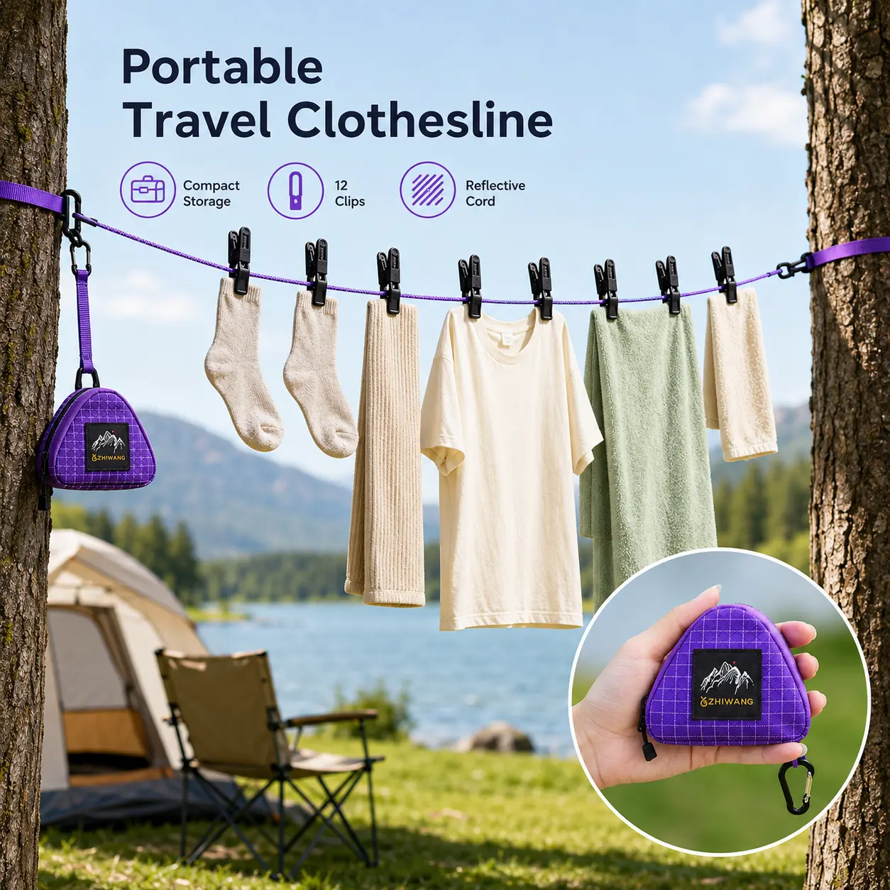 Outdoor travel clothesline for hanging blankets, a must-have for outdoor clothes drying, portable and windproof. campingessentials