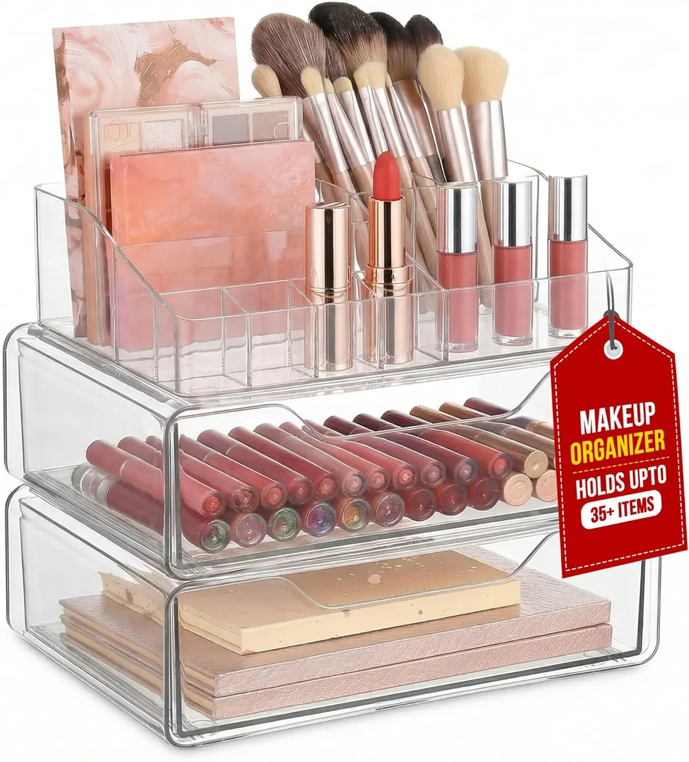 Masirs Clear Acrylic Makeup Organizer with Drawers – Cosmetic Vanity Storage for Skincare, Hair Accessories, Jewelry, Perfume – Durable Countertop Bathroom Organizer