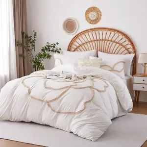 Camellia pattern Duvet Cover Set, Boho Tufted Comforter Sets with Zipper Closure, Including1 Duvet Cover & 1/2 Pillowcase without Filler, Soft Comfortable Bedding Set for Home Bedroom, Breathable Duvet Set