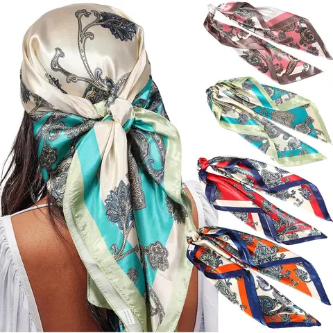 Women's 4-Piece 35x35in Breathable Polyester Large Square Floral Pattern Shawls - Hand Tool Kit Accessory, Stylish Neck-Hair Sleeping Wraps for Wedding, Party, Floral Pattern Shawl
