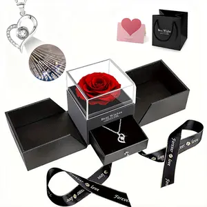 Preserved Red Real Rose with Heart I Love You Necklace, Eternal Flowers Rose Birthday Gifts for Women Her Mom Wife Girlfriend Grandma, Romantic Gifts for Mother's Day, Valentine's Day, Christmas, Birthday Anniversary