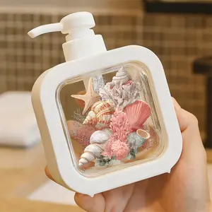 Creative Bathroom Dispenser with Hand Pump - Oceanic Marine Life Design, Light Brown Striped Seashell, Pink Scallop, White Coral, Starfish, Pink Sea Anemones, Blue-White Striped Shell, Perfect For Soap Lotion