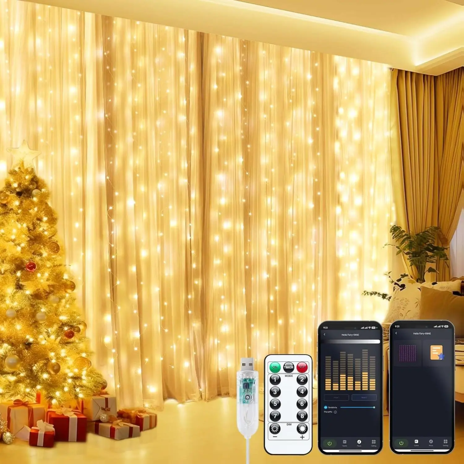Smart Curtain Lights - 9.8ft 300 LED Window Smart String Light with APP and Remote, 8 Modes, USB Plug in, Waterproof Fairy Lights for Bedroom, Indoor, Weddings, Party, Christmas Decorations