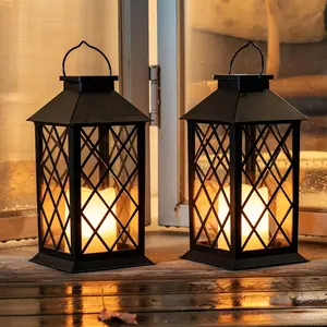 Solar Lanterns Outdoor Waterproof Hanging with Flickering Flameless Candles, 2 Pack 13'' Garden Outdoor Lantern Decorative for Patio Front Porch Backyard Balcony Cabin Outside Table(Black)