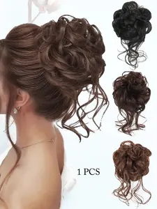 KAIRIYA Fluffy Curly Messy Bun Hair Piece - 10 Inch Tousled Updo with Elastic Band & Clip - Synthetic Hair Extension Scrunchie for Women, Wavy Ponytail Everyday Style