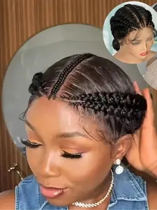 Elegant Women's Corn Braid Wig, Natural Synthetic Transparent Full Lace Box Braids, Low Temperature Fiber, Short Wigs, Synthetic Curly Wigs, All Seasons, Lace Braiding Wig, Box Braided Wig, Knotless Braided Wig