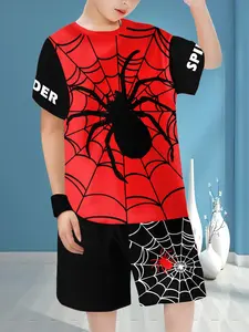 Boys' Fashion Spider Pattern 3D Print Casual Short Sleeve Tee & Shorts Set, Outdoor Sports, Spring & Fall Wear