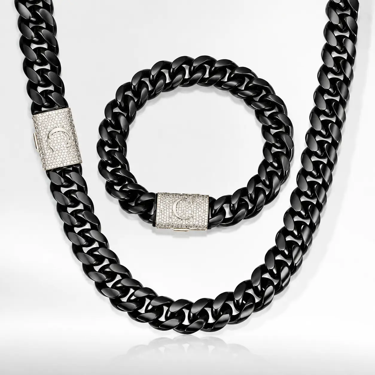 14mm Cuban Link Chain Necklace with A-Z Initial Flip Clasp | Black Hip Hop Jewelry for Men & Women