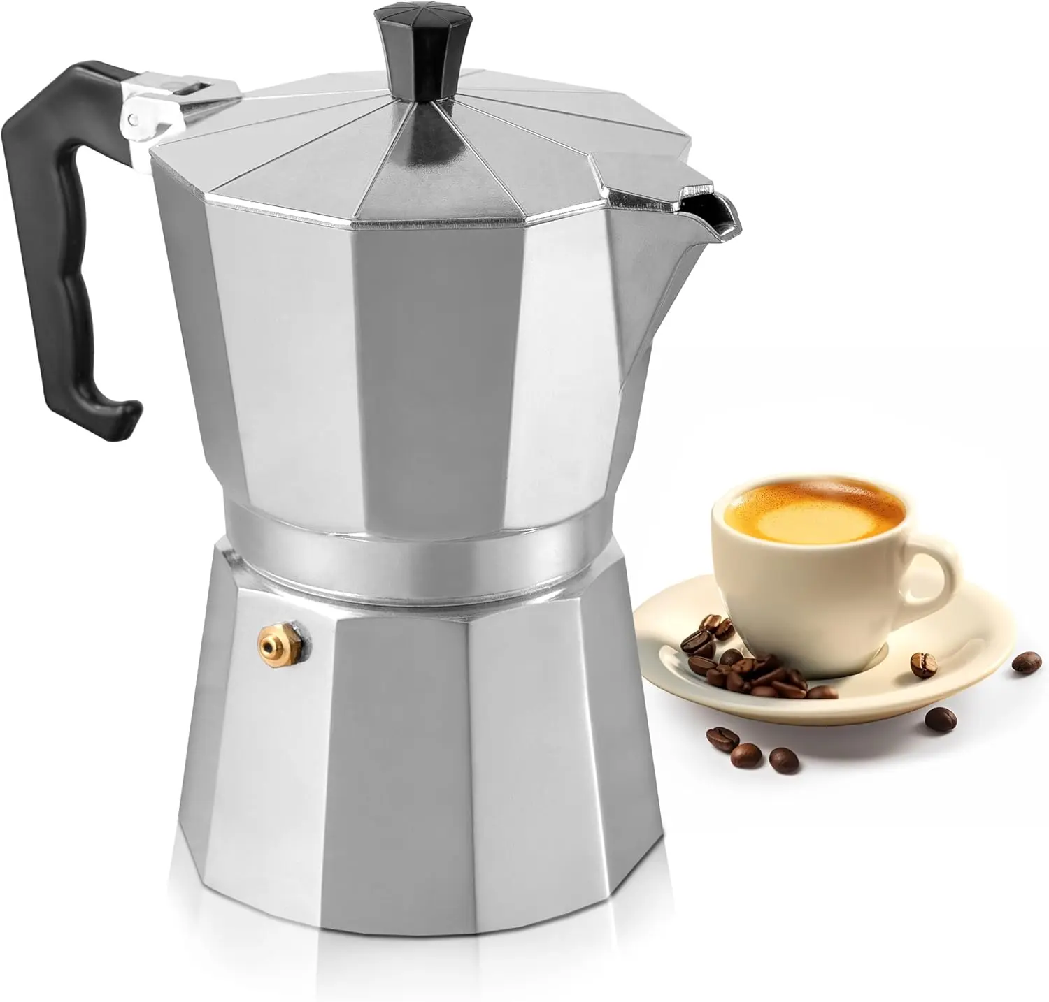 6 Cup Italian Moka Pot Espresso Maker, Classic Aluminum Stovetop Coffee Maker with Curved Handle & High‑Pressure Safety Valve, Stovetop Espresso Coffee Brewer for Home Kitchen Use