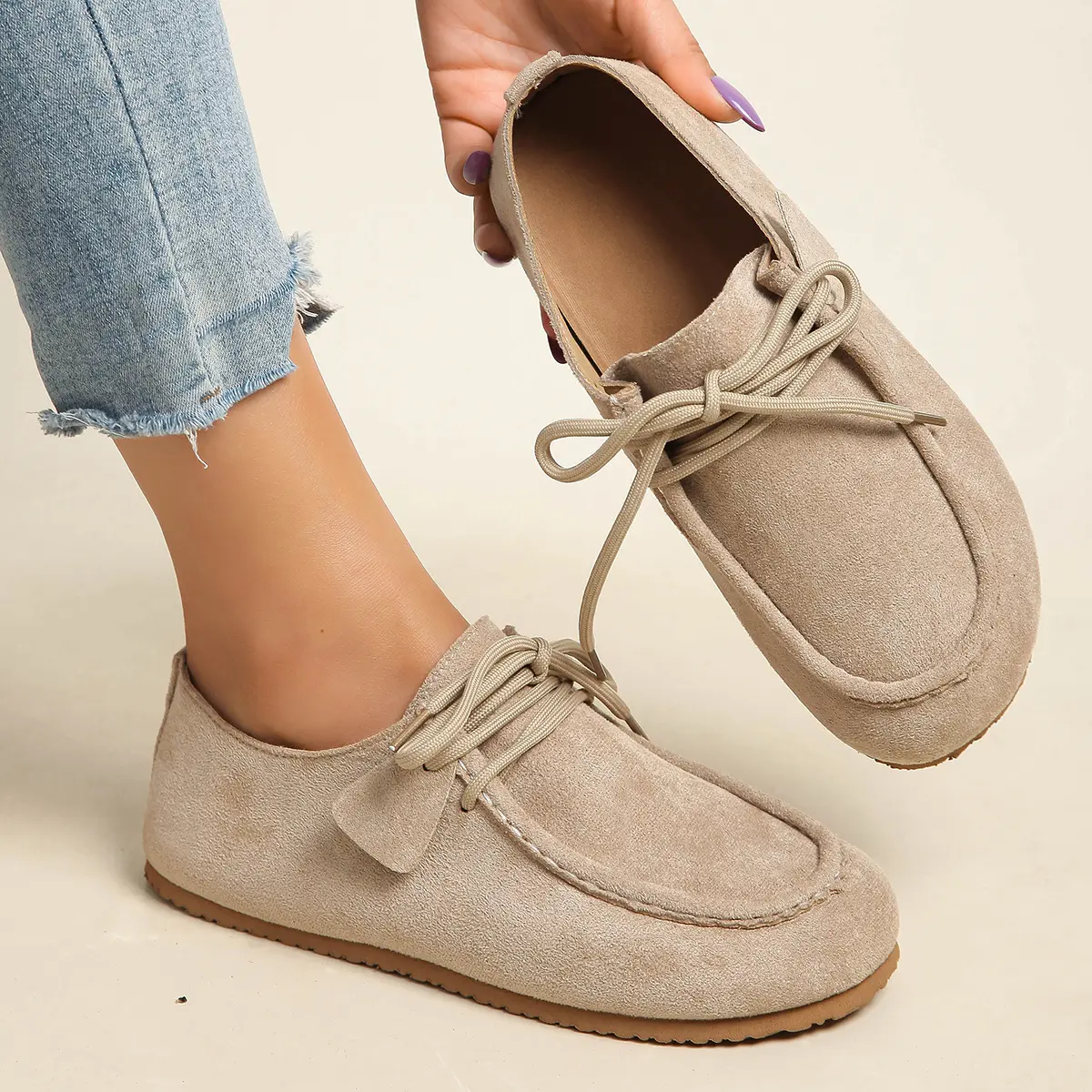 Women's Walking Footwear - Classic Round-Toe Lace-Up Faux Suede Loafers, Comfortable Non-Slip Flats with Arch Support, Walking Shoes, Soft, 0.5 Cm, Laces, Fabric, Casual Wear, Ankle, Tpu, Synthetic, Flexible