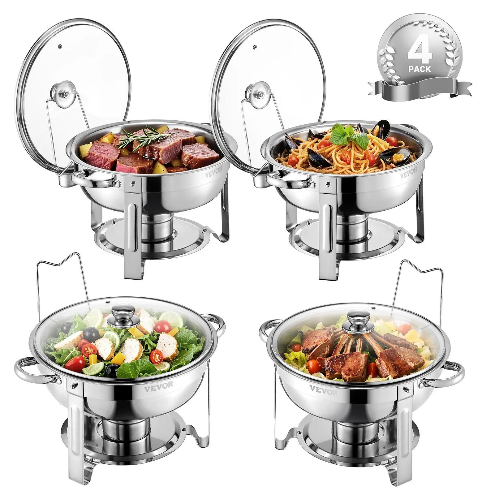 【Backtoschool】Durable VEVOR Stainless Steel Chafing Dish Buffet Set, 5 Qt 4-Pack with 4 Full-Size Pans, Round Catering Warmer Server with Glass Lid, Water Pan, Space-Saving Folding Stand & Fuel Holder, for Wedding Banquet, Party, Maintain Food Temperature