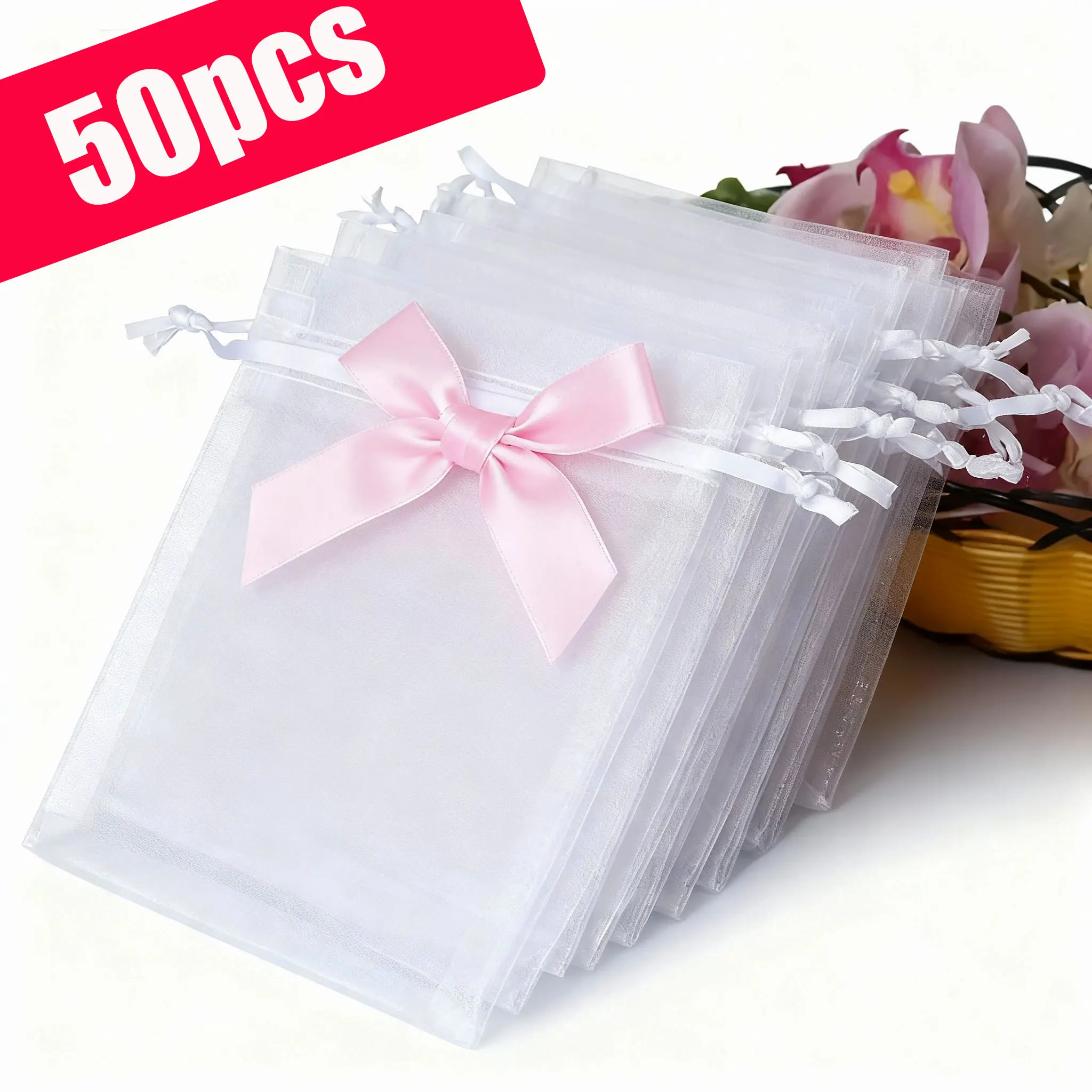 50pcs Organza Drawstring Transparent Gift Bags, Wedding Gifts, Party Favors, Jewelry, Candy, Decorations, Small Gift Bags, Gift Wrapping Supplies, Party Gift Packs, Elegant Packaging