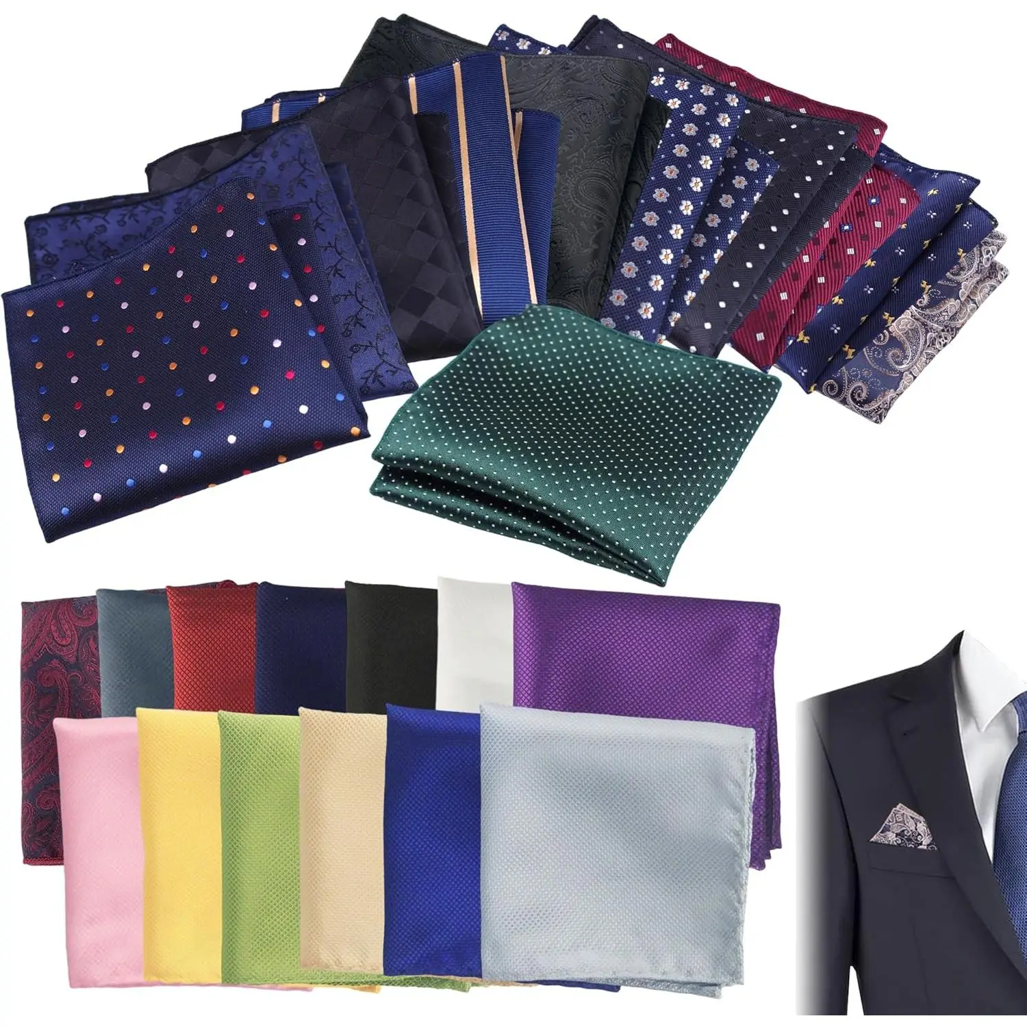 Men's Pocket Squares Set, 24 Pack of Assorted Solid and Patterned Polyester Silk Handkerchiefs for Suits, Weddings, Graduation, and Formal Wear, Clothes, Birthday, Dark, Casual, Male, Elegant, Print, Wrinkle Resistant, Modern, Synthetic, Varied Designs, B