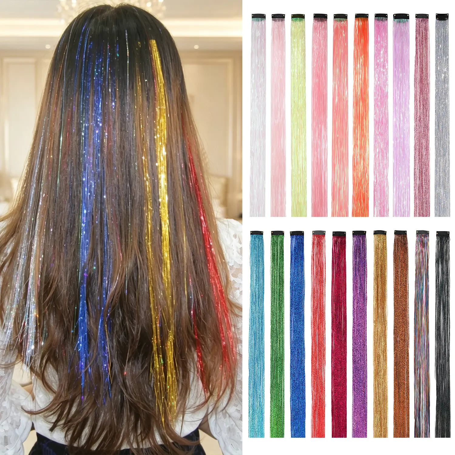 Hair Tinsel Clip in Colorful Hair Tinsel Kit 22 Inch Glitter Clip in Hair Extensions for Girls Women Music Festival Christmas Hallowmas New Year Party