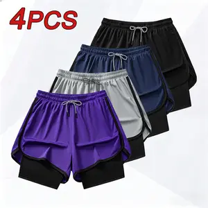 Men's 4-Pack 2-in-1 Cool Sports Shorts, Breathable Elastic Flowy Running Shorts with Liner, Loose Outer Layer & Quick-Dry Lining for Running, Workouts