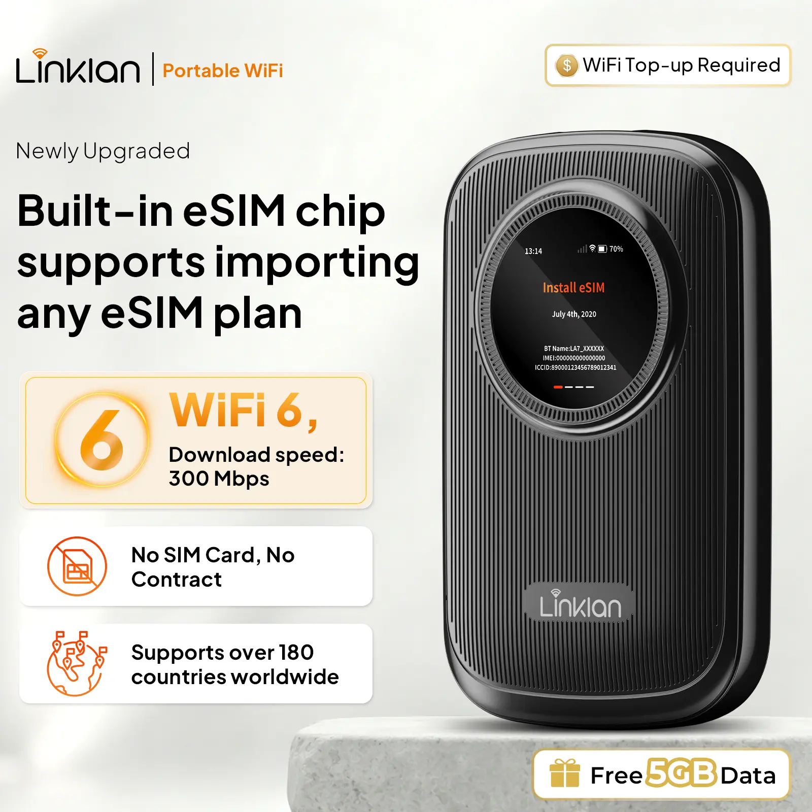 LINKLAN Global Portable eSIM WiFi Hotspot,Built-in eSIM chip，Dual-band , 300Mbps 4G LTE, LED Display No SIMCard/Contract Needed, 16Devices,180+ Countries, for Travel, Car, RV, & Outdoor[Free 5GB US Data], Portable Wifi, Internet Portable Wifi, Hotspot Por