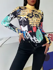 Graffiti Print Lettuce Trim Mock Neck Bodysuit -XSY70021