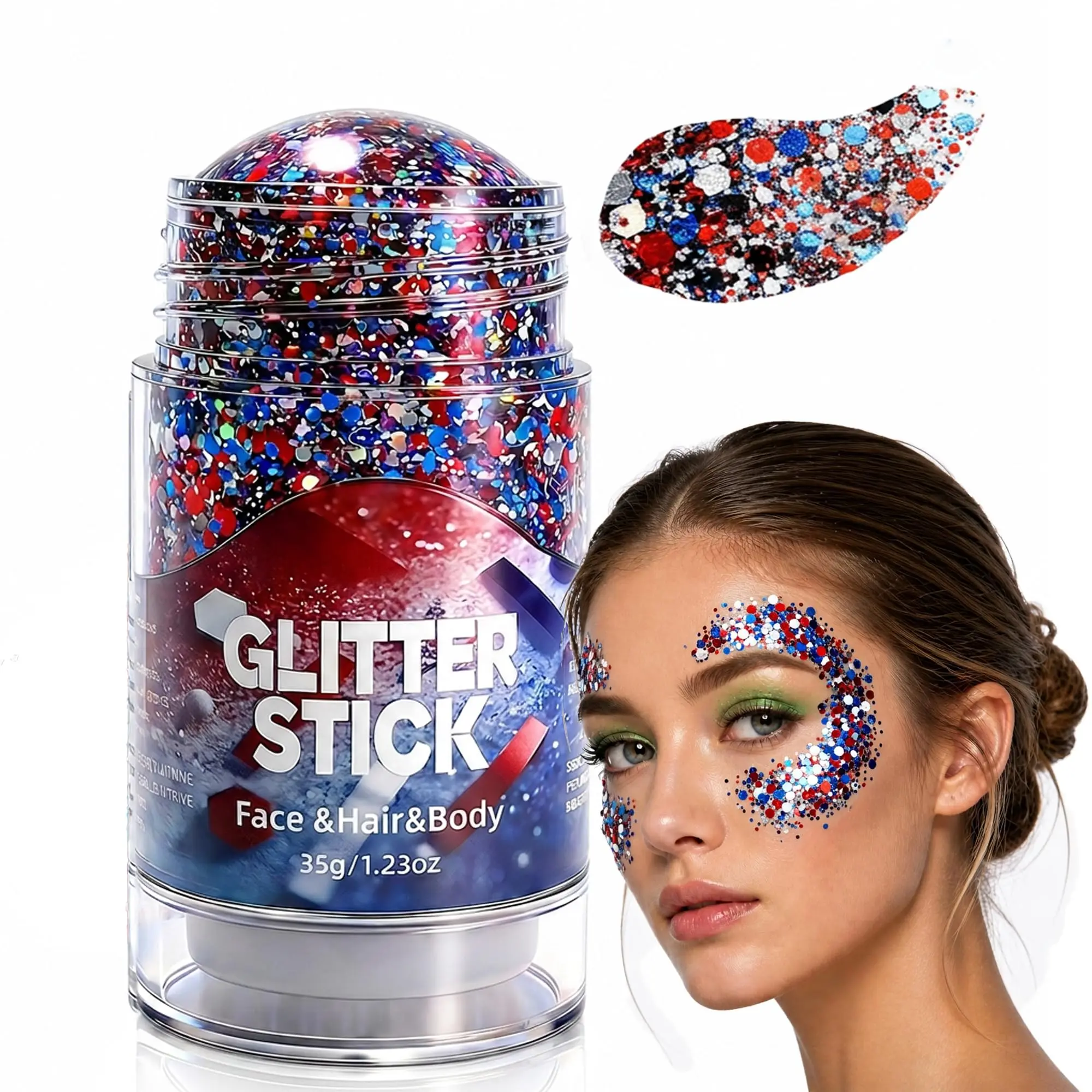 4th of July Glitter Gel Sticks, Red White & Blue Patriotic Facial Glitter Body Makeup - Waterproof Chunky Sparkly Shimmer for Face, Body & Hair, Glitter Makeup, Gift
