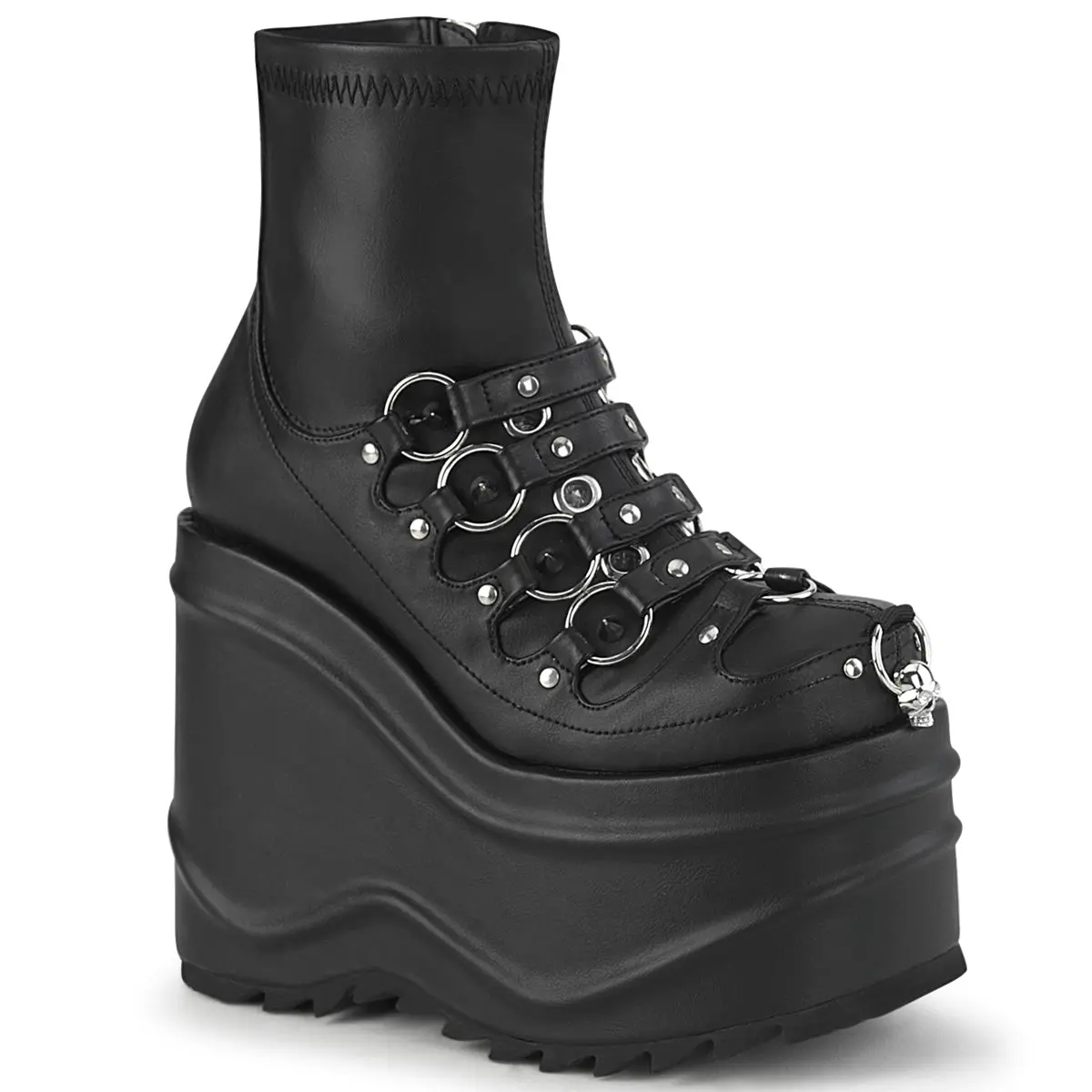 Demonia Wave-110 Black Stretch Vegan Leather Ankle Boots with 6" Wedge Platform O-Rings Spike Studs Eyelets & Studded Strappy Details on Vamp