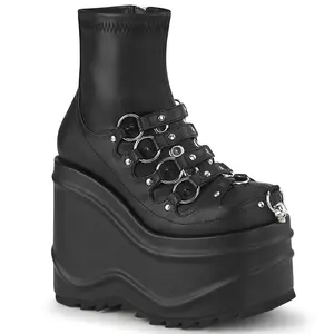 Demonia Wave-110 Black Stretch Vegan Leather Ankle Boots with 6" Wedge Platform O-Rings Spike Studs Eyelets & Studded Strappy Details on Vamp