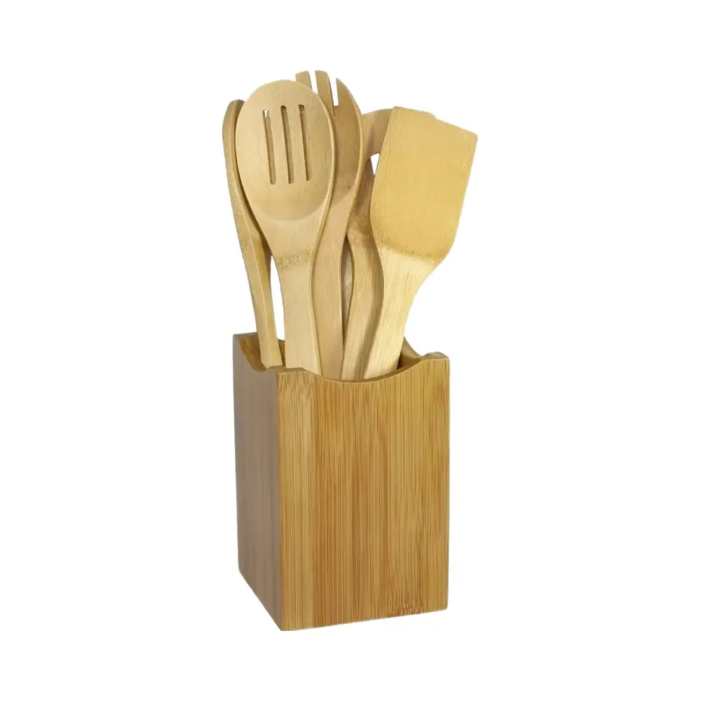 Non-Stick Safe Bamboo Kitchen Utensil Set with Holder