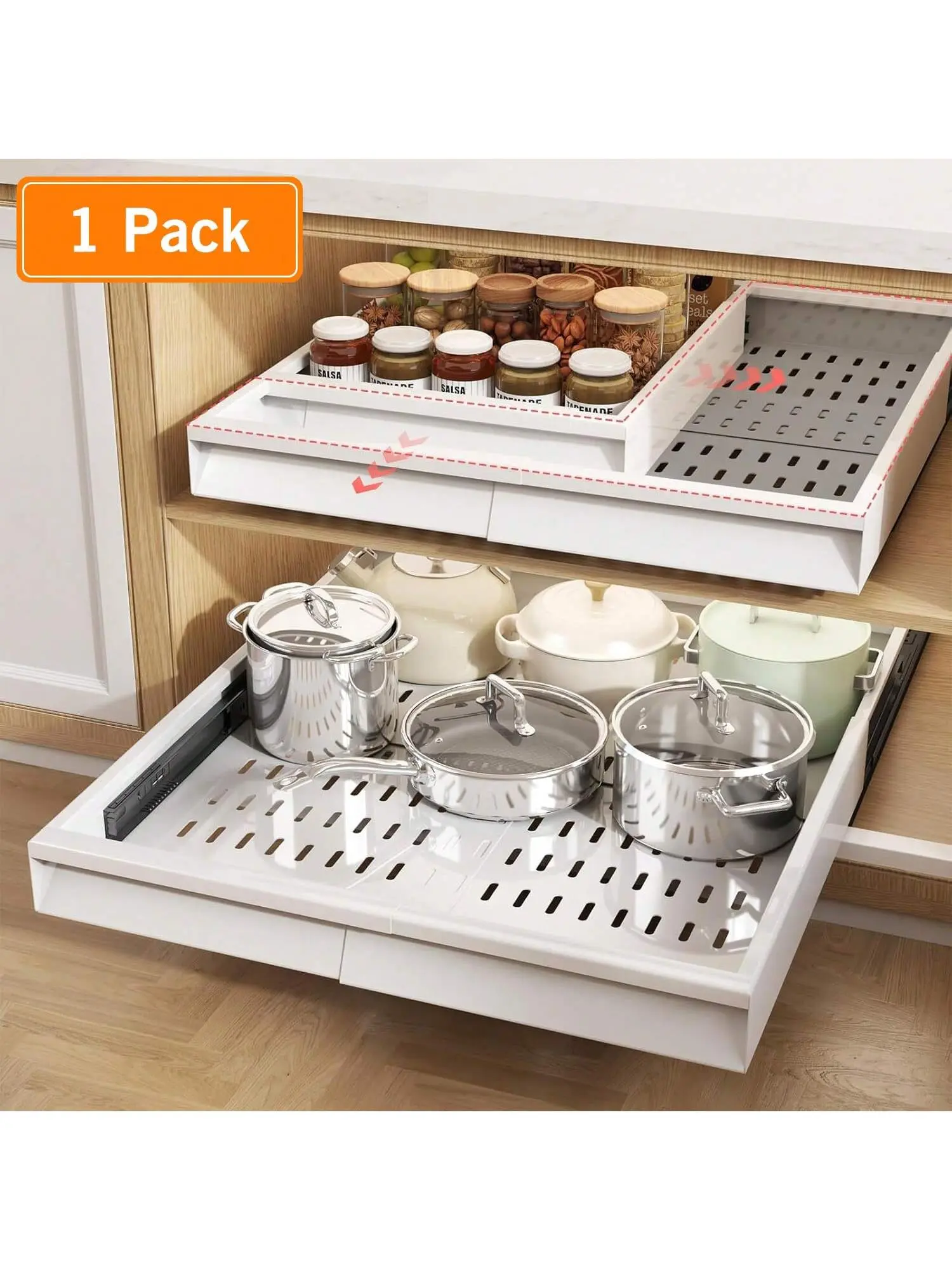 Heavy-Duty Metal 1-Layer Adjustable Rectangle Pull-Out Cabinet Organizer - Expandable Slide-Out Shelf with Varnished Finish, Nano Adhesive Layer for Kitchen, Pantry, Pull-Out Kitchen Cabinets Organization, Kitchen Organization sohochic