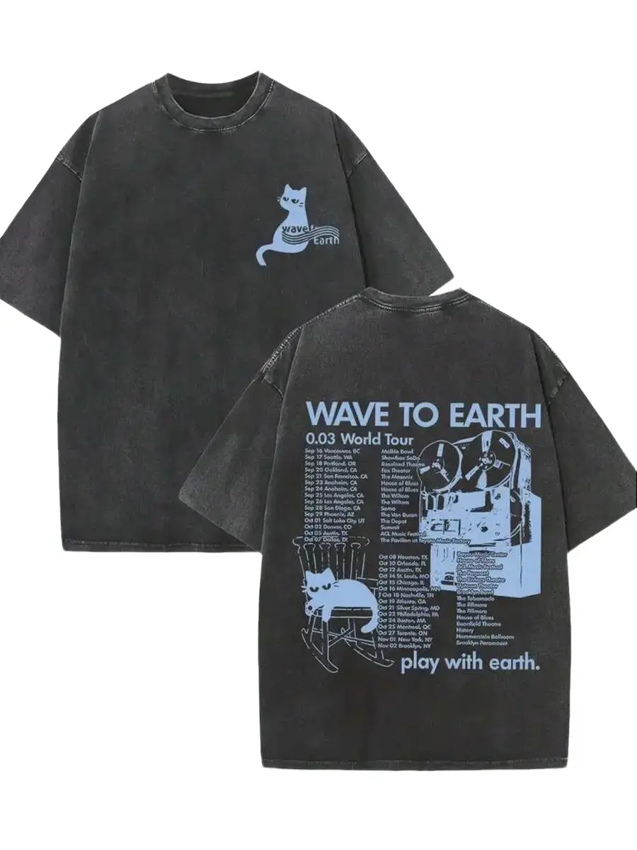 Unisex Retro Washed Black Oversized Baggy T-Shirt - Double-Sided "Wave to Earth" 0.03 World Tour Cat Graphic Print, Casual Crew Neck Short Sleeve, Indie Grunge Aesthetic, Tops, Fashion Apparel, Streetwear, Men's T Shirts, Clothes for Women, Vintage Tees,