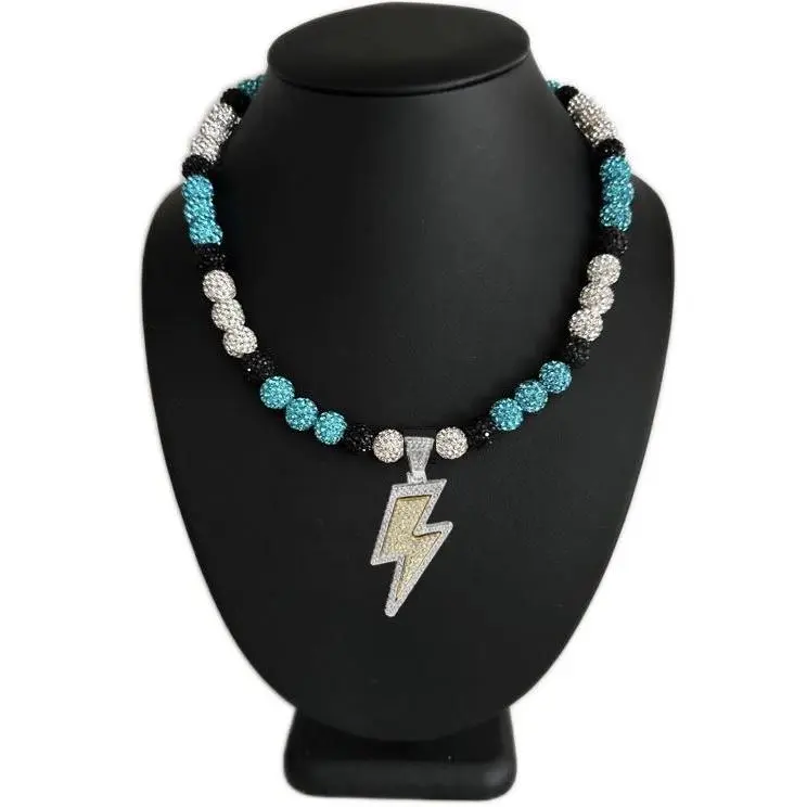 Iced Bling Disco Ball Rhinestone Crystal Bead Baseball Necklace Blue Black White Lightning