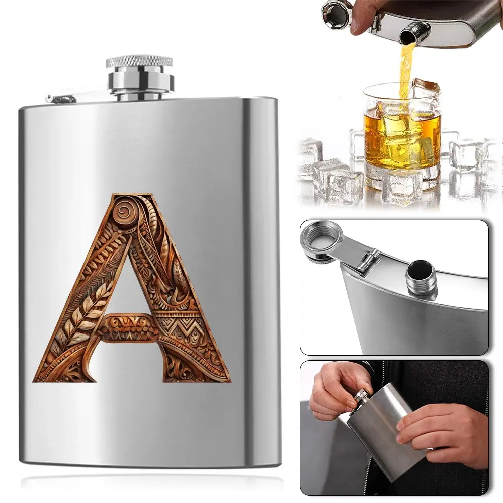 A-Z Letter Pattern Stainless Steel Portable Travel Hip Flask, 1 Count 8oz Whiskey Flagon, Whiskey Vodka Container, Resistant Liquor Organizer for Purse Pocket