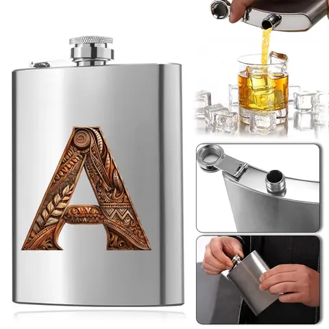 A-Z Letter Pattern Stainless Steel Portable Travel Hip Flask, 1 Count 8oz Whiskey Flagon, Whiskey Vodka Container, Resistant Liquor Organizer for Purse Pocket