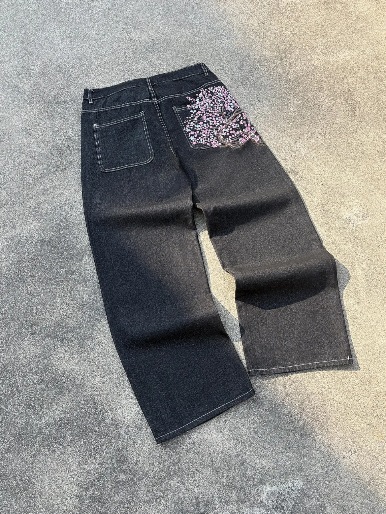 Men's Vintage Y2K Wide-Leg Jeans with Cherry Blossom Embroidery, Stylish Loose-Fitting Streetwear, Perfect Gift for Him