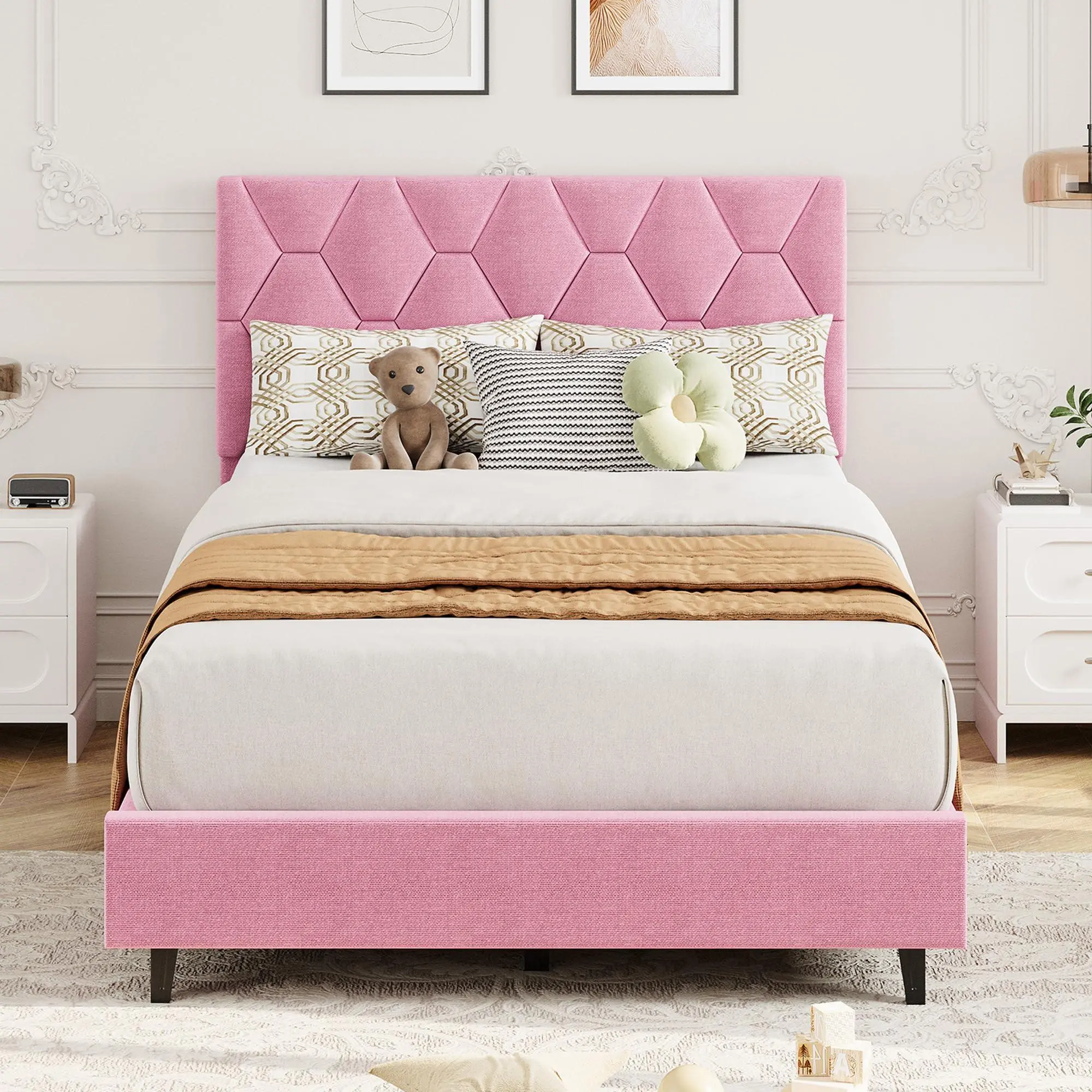 Pink Twin XL Bed Frame with Upholstered Headboard, Heavy-Duty Platform Bed Frame with Strong Wood Slats, No Box Spring Needed/Noise Free/Easy Assembly