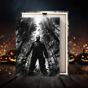 1 Count Wooden Framed Canvas, Horror Spooky Jason Poster, Halloween Artistic Decorative Poster, Funny Poster, Horror Poster Party Hanging Picture, Modern Wall Art For Living Room, Bedroom, Family Decoration, Ideal Gift, Waterproof, Print