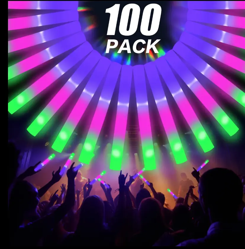 3-mode colorful flashing batch party set, 100 LED foam fluorescent sticks, luminous party supplies, wedding, July 4 celebration, birthday party, carnival, concert dedicated luminous foam sticks