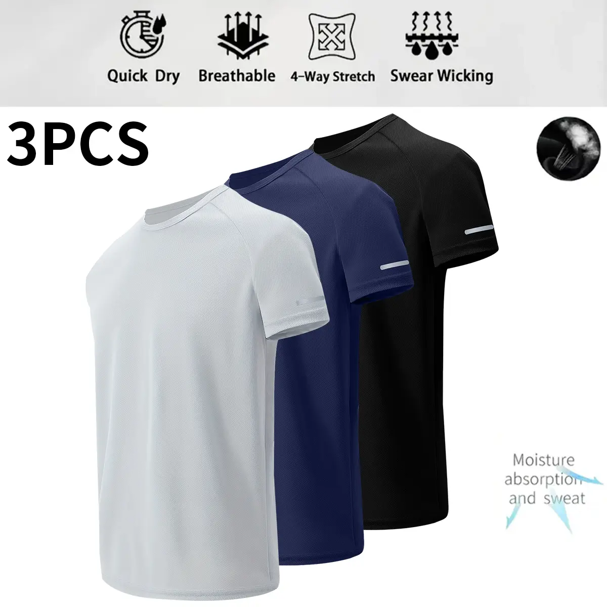 Men's 3-Piece Ultra-Thin Polyester Activewear Short-Sleeve T-Shirt Set, Crew-Neck Stretchy Casual Athletic Top, Lightweight Breathable Quick-Drying Fast-Drying Streetwear for Fitness Running, Polyester Shirt, Activewear Men's Short-Sleeve T-Shirts