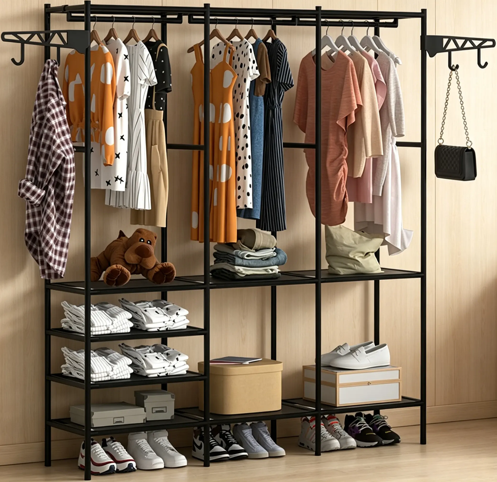 [HUOMAQFAN] Modern Freestanding Metal Wardrobe Closet, Steel Wardrobe Storage, 68x63x14in 3-Layer 3-Section Compact Home Organizer with Hanging Rack & Hooks, Portable Storage Rack for Bedrooms, Holds 20-25Kg Heavy Winter Wear, Closet Storage, Heavy Duty
