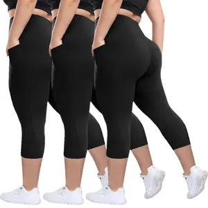 3PCS Women's Super Soft High Waisted Capri Peach-shaped buttocks  Pants With Pockets Tummy Control No See Through Workout Yoga Running Leggings