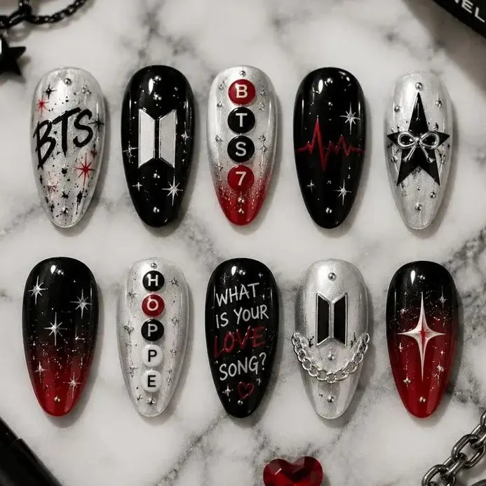 BTS Hope Press On Nails | Army Black Red Galaxy Nails | Kpop Handmade Gel Nail Set | Starry Concert Press Ons