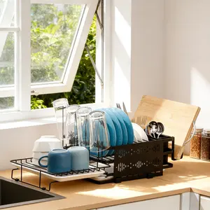 CUGBO 2-Tier Extendable Stainless Steel Dish Drainer with Drying Tray, Utensil Holder and Cup Holder for Kitchen Countertop