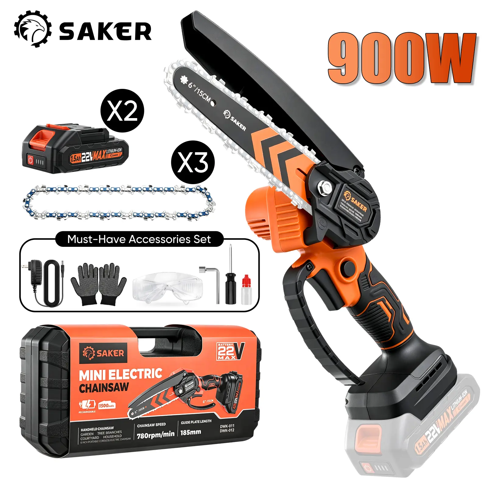 Saker 6-Inch Mini Chainsaw -3000mAh Long-Lasting Battery Power (2PCS), Upgraded Pure Copper Motor, One-Handed Electric Saw for Men & Women, Portable Wood Cutting Garden Tool Gifts